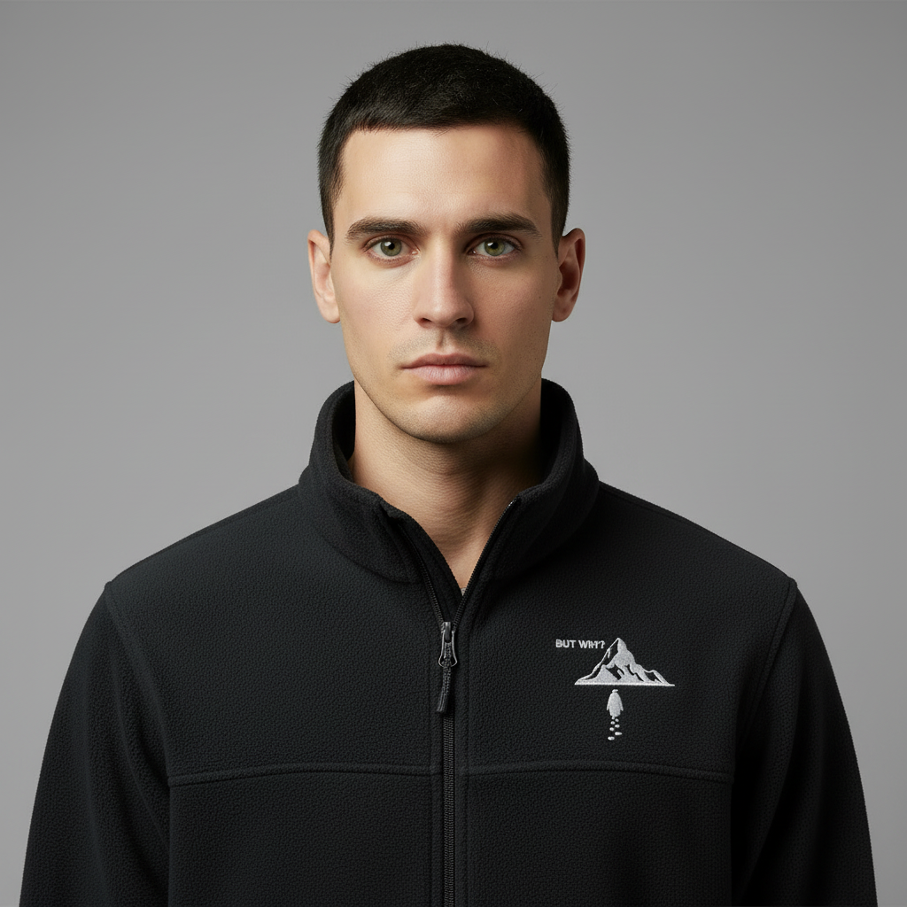 Closeup of BUT WHY logo on model