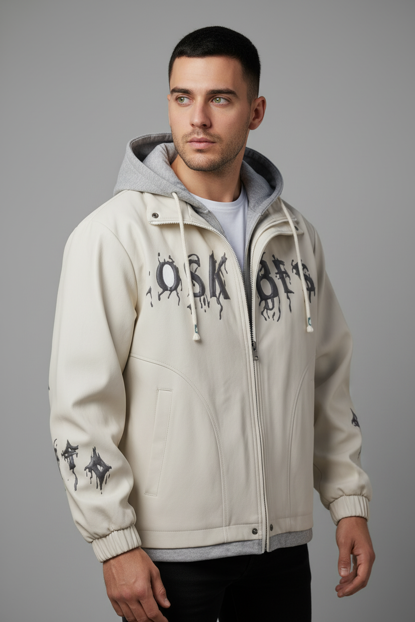 Cream/beige hooded jacket with OSAKA text - front view