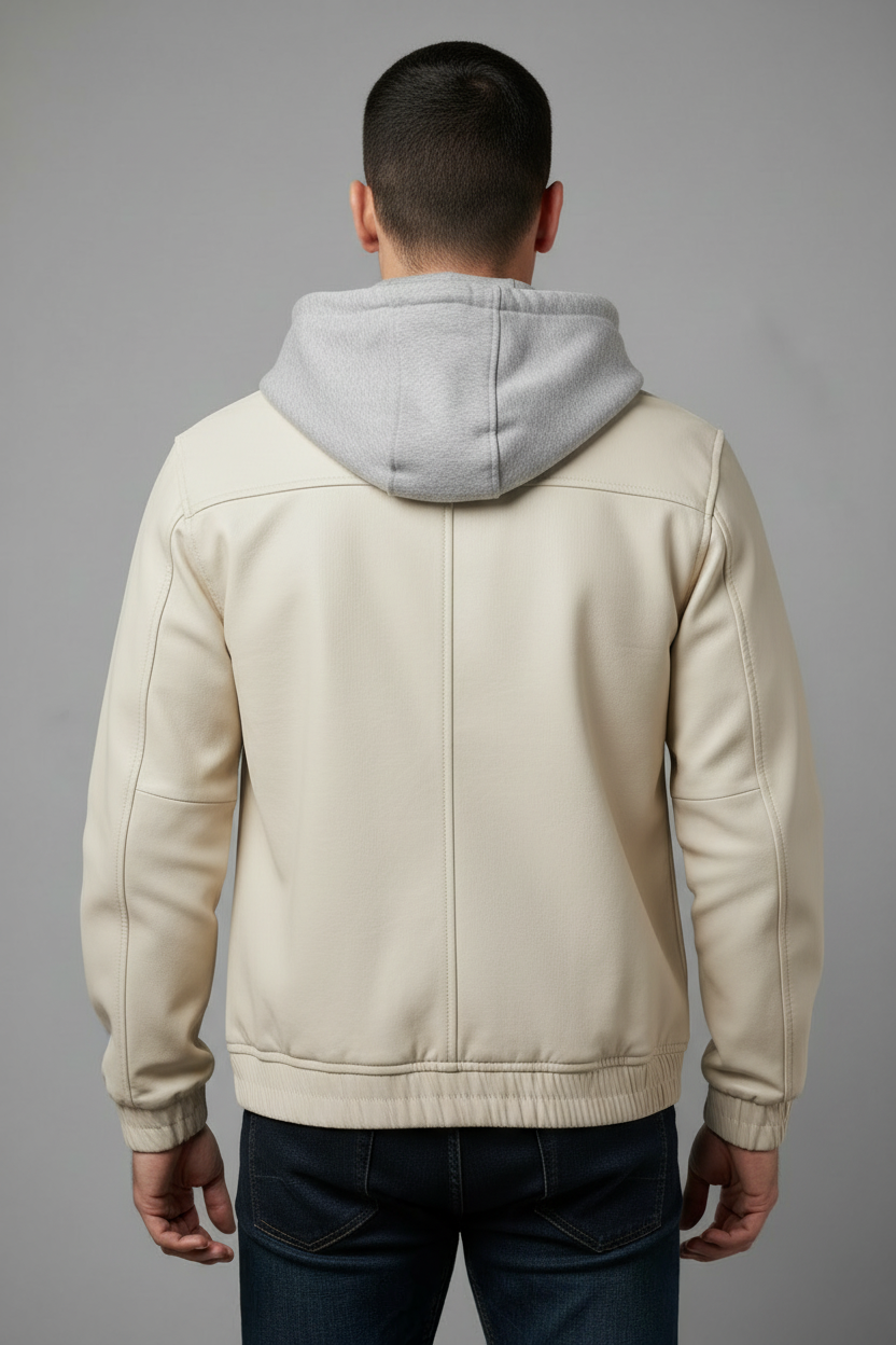 Cream/beige OSAKA hooded jacket - back view with your model