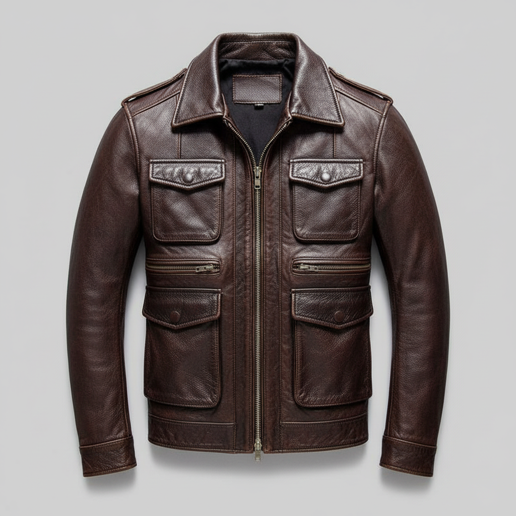 Dark Brown Leather Jacket - Front Mockup