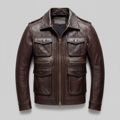 Dark Brown Leather Jacket - Front Mockup