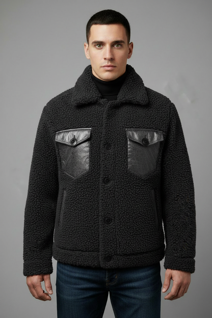 Dark gray sherpa jacket with model
