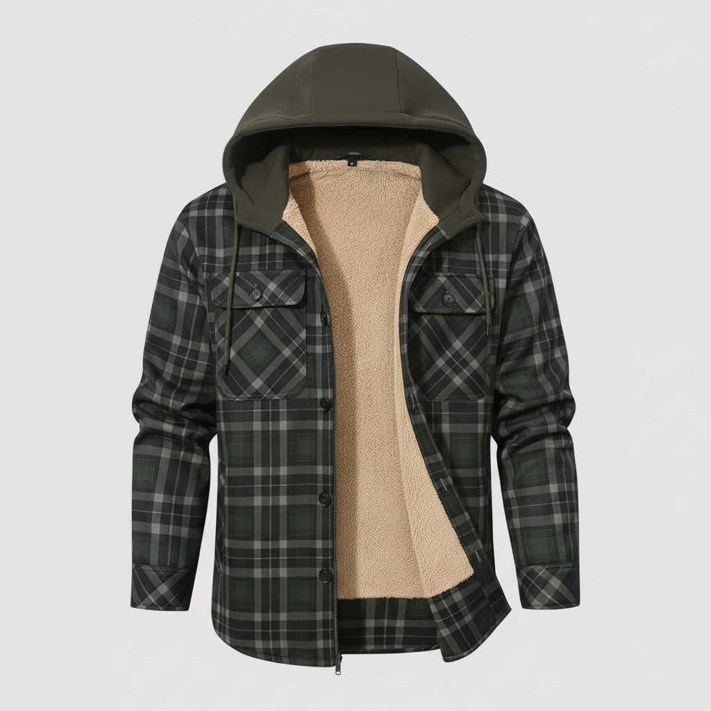 Dark green plaid hooded shirt jacket - flat lay