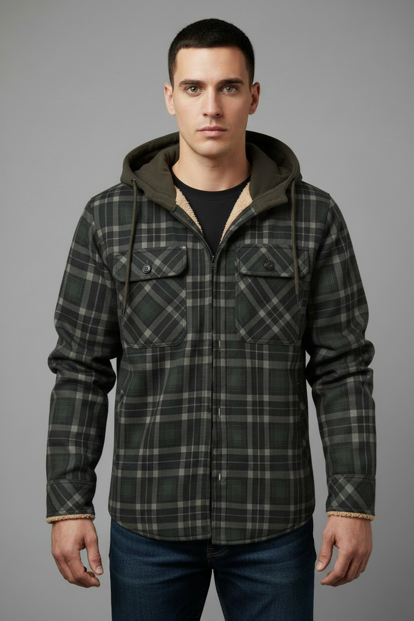 Dark green plaid hooded shirt jacket - proper fit