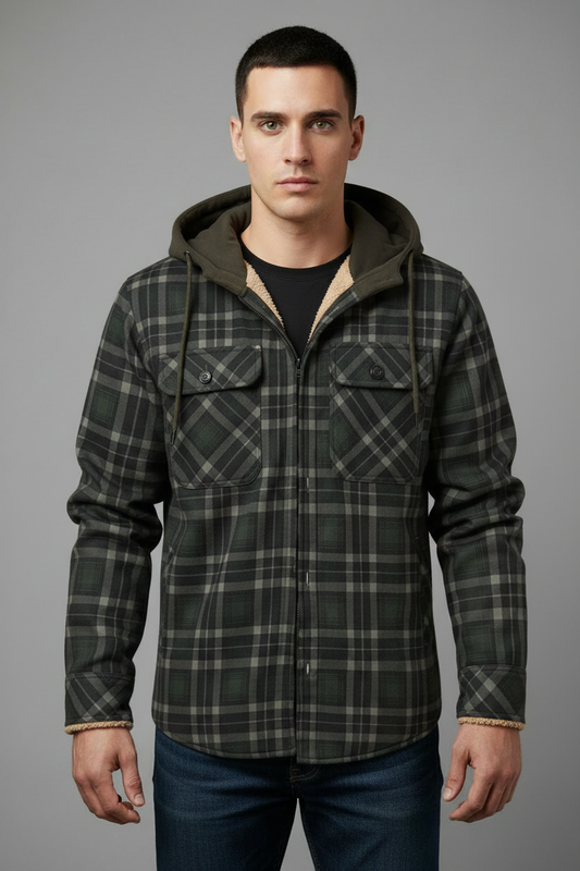 Dark green plaid hooded shirt jacket - proper fit