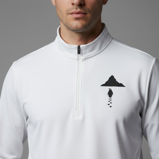 Detail shot of pullover with mountain and penguin footprints graphic