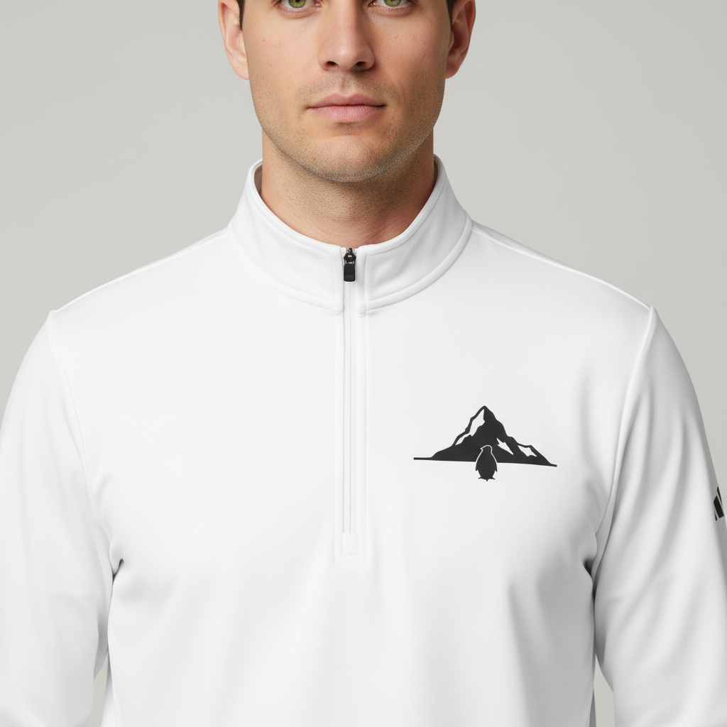 Detail shot of pullover with mountain and penguin graphic