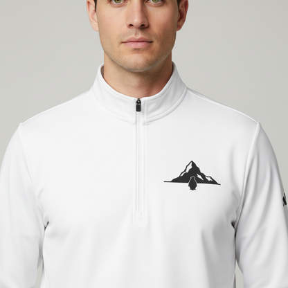 Detail shot of pullover with mountain and penguin graphic