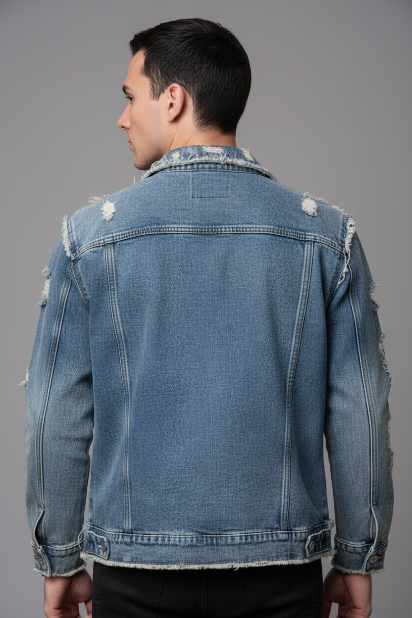 Denim Jacket with Frayed Holes
