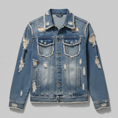 Denim Jacket with Frayed Holes