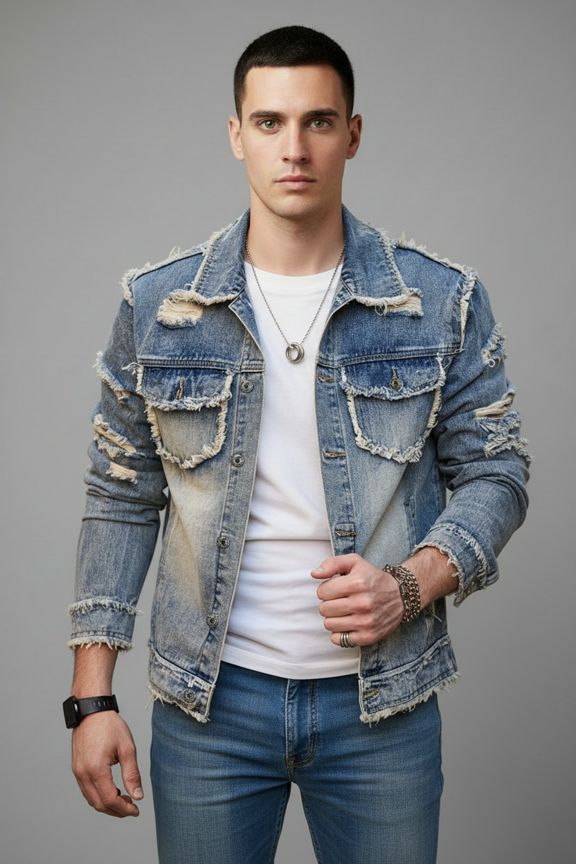 Denim Jacket with Frayed Holes