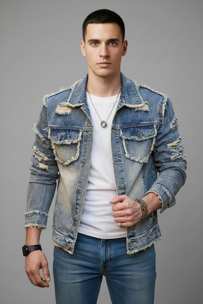 Denim Jacket with Frayed Holes