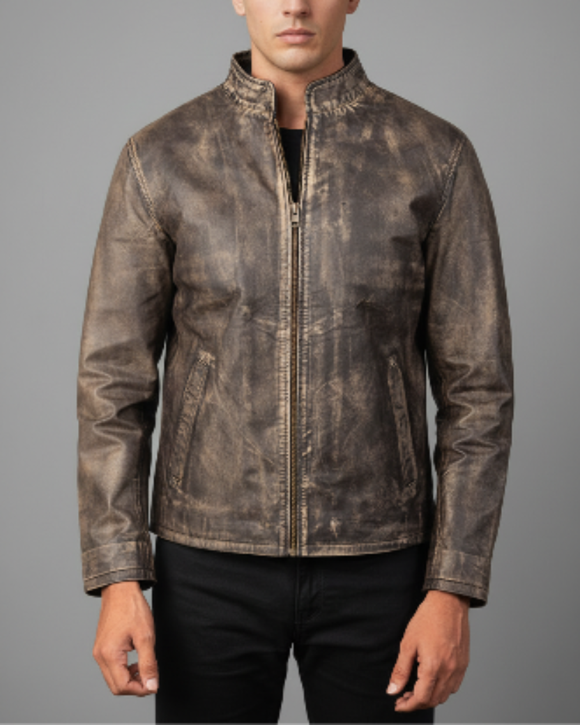 Grey Distressed Leather Jacket