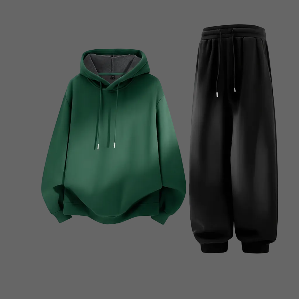 Forest green hoodie and black joggers - flat lay