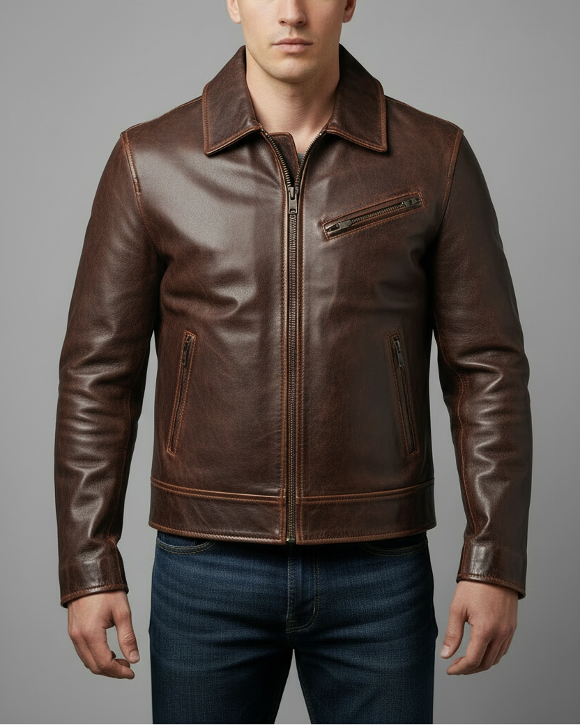 Leather Jacket with Cowhide made Lapel