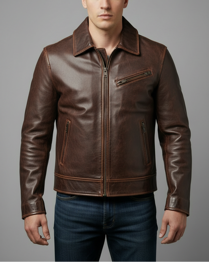 Leather Jacket with Cowhide made Lapel