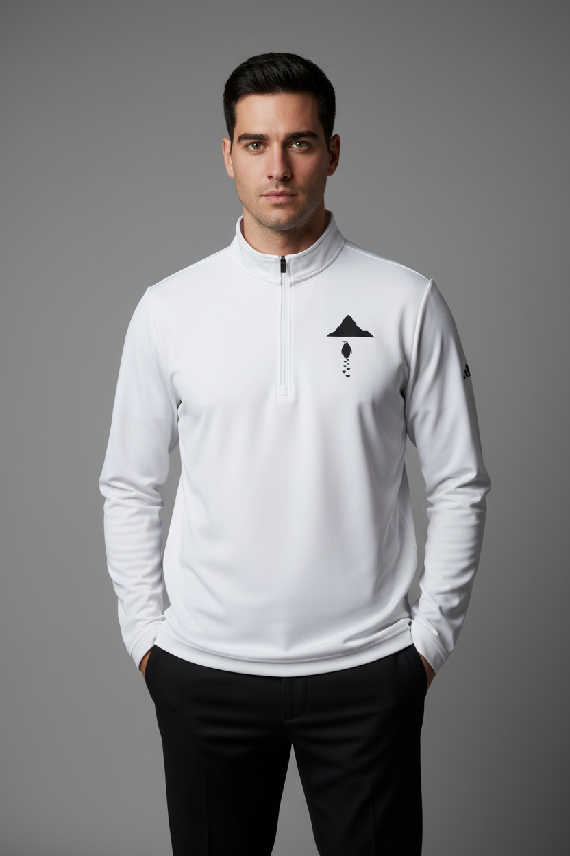 Full-body shot of clean-shaven model in white pullover