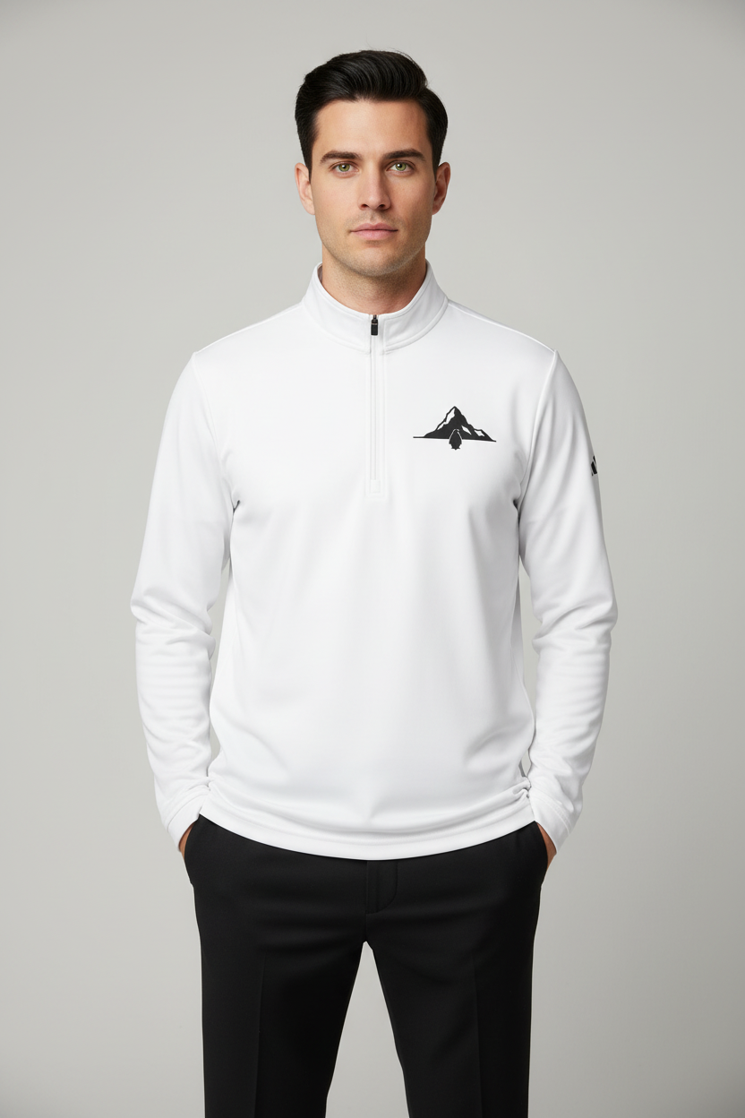 Full-body shot of clean-shaven model in white pullover