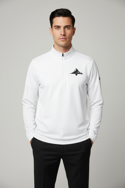 Full-body shot of clean-shaven model in white pullover