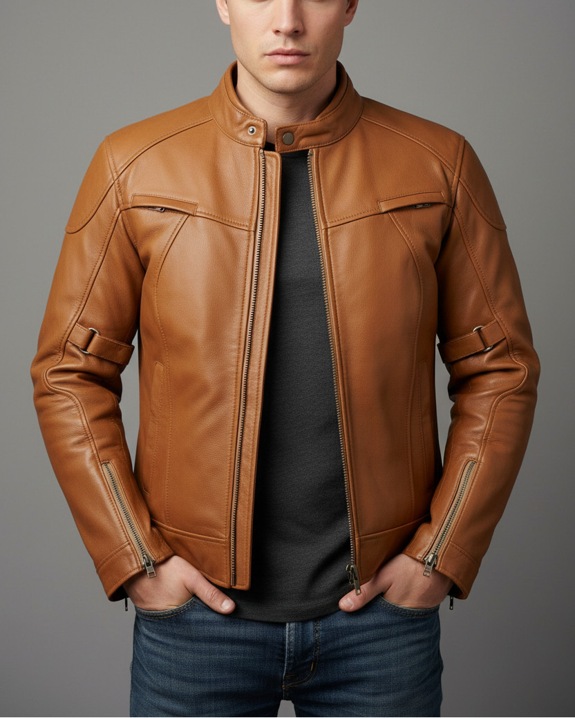 Full tan leather jacket on model
