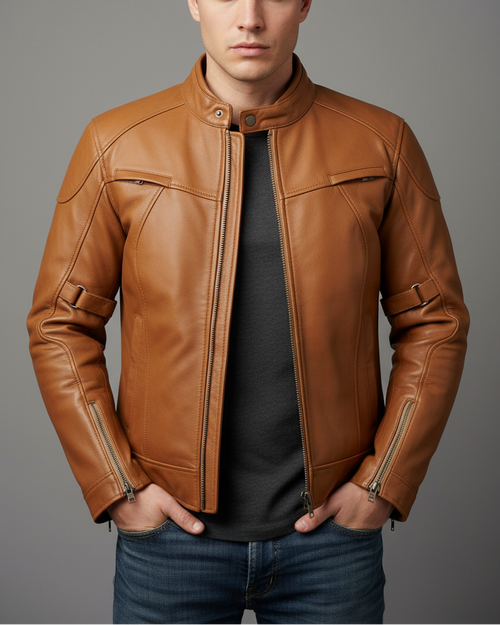 Full tan leather jacket on model
