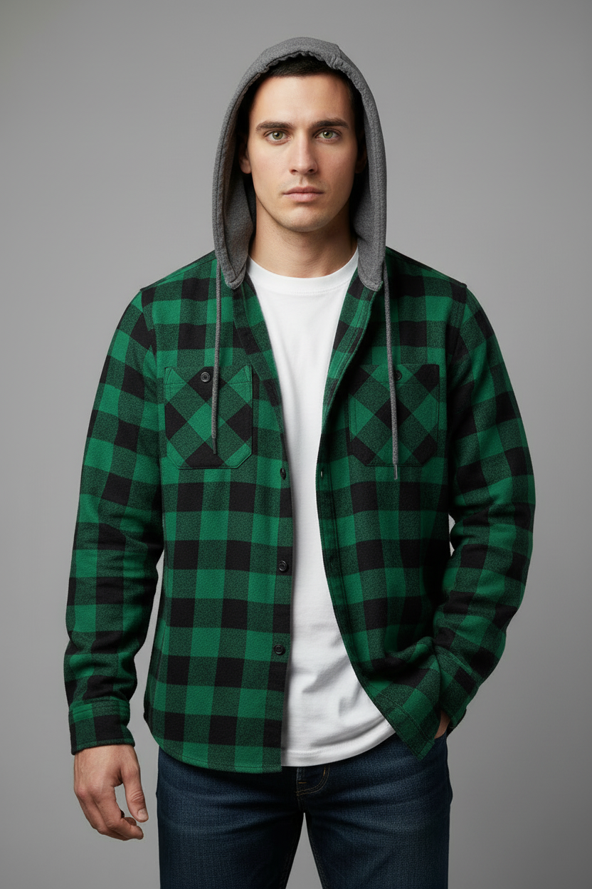 Green and black plaid hooded flannel shirt