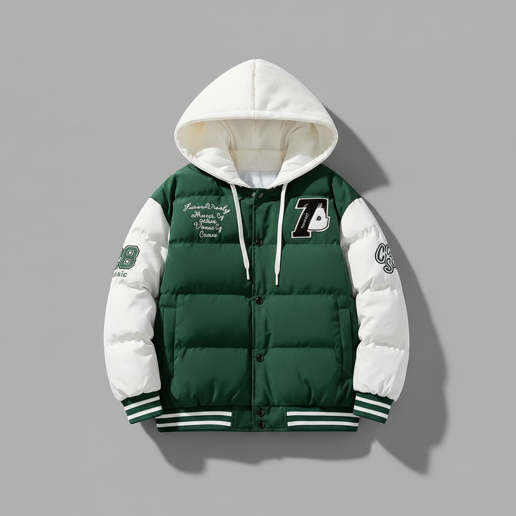 Green and white varsity puffer jacket - flat lay