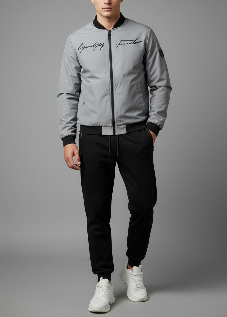 Grey bomber tracksuit - clean-shaven model