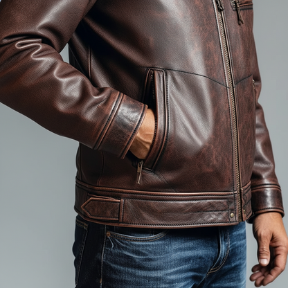 Leather Jacket with Cowhide made Lapel