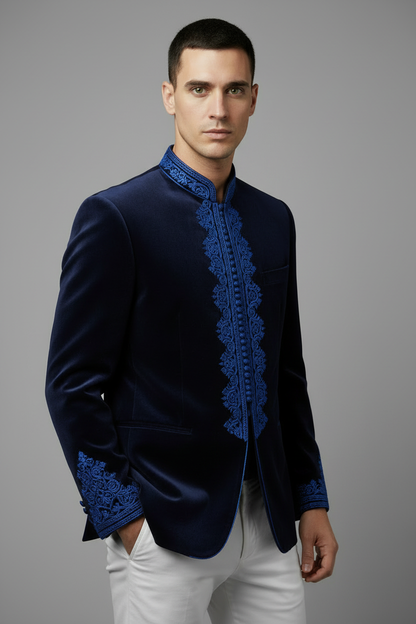 Velvet Navy Ceremonial Suit with Embroidered Sfifa Trim