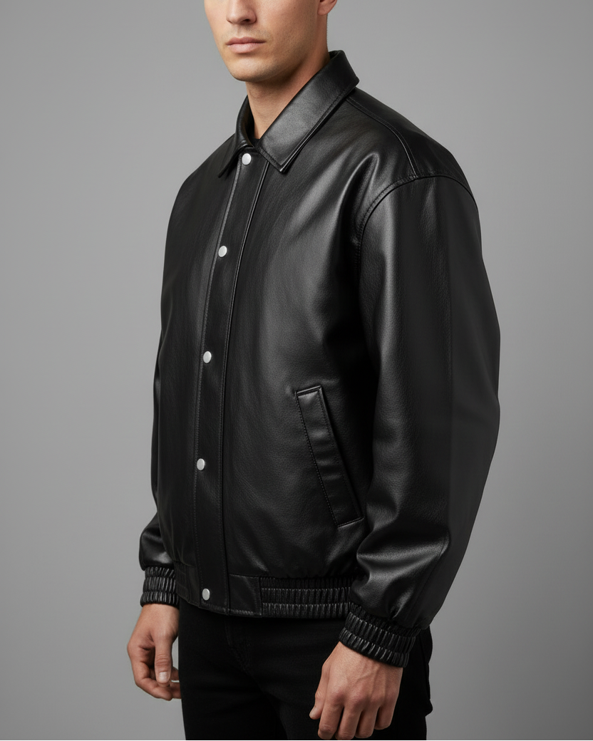 Model wearing black leather bomber jacket - side angle