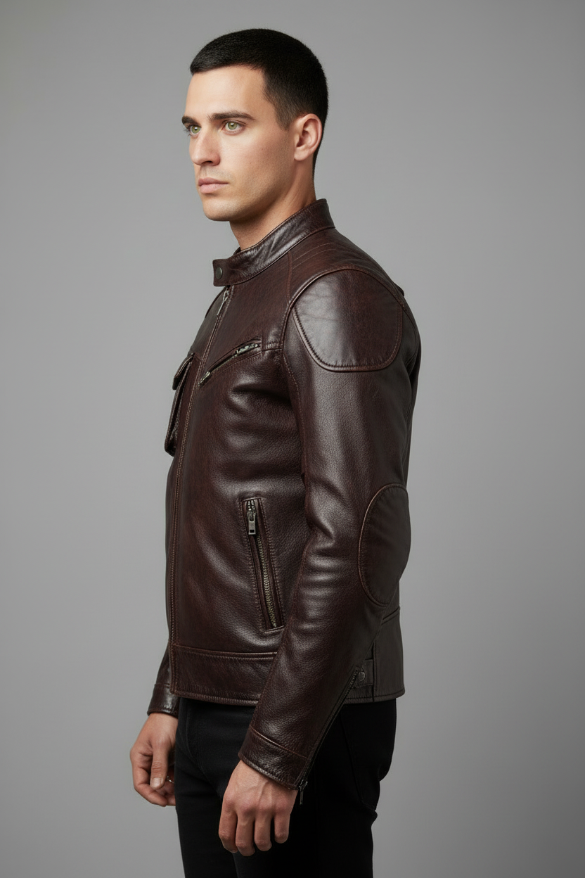 Dark brown leather cargo jacket side view