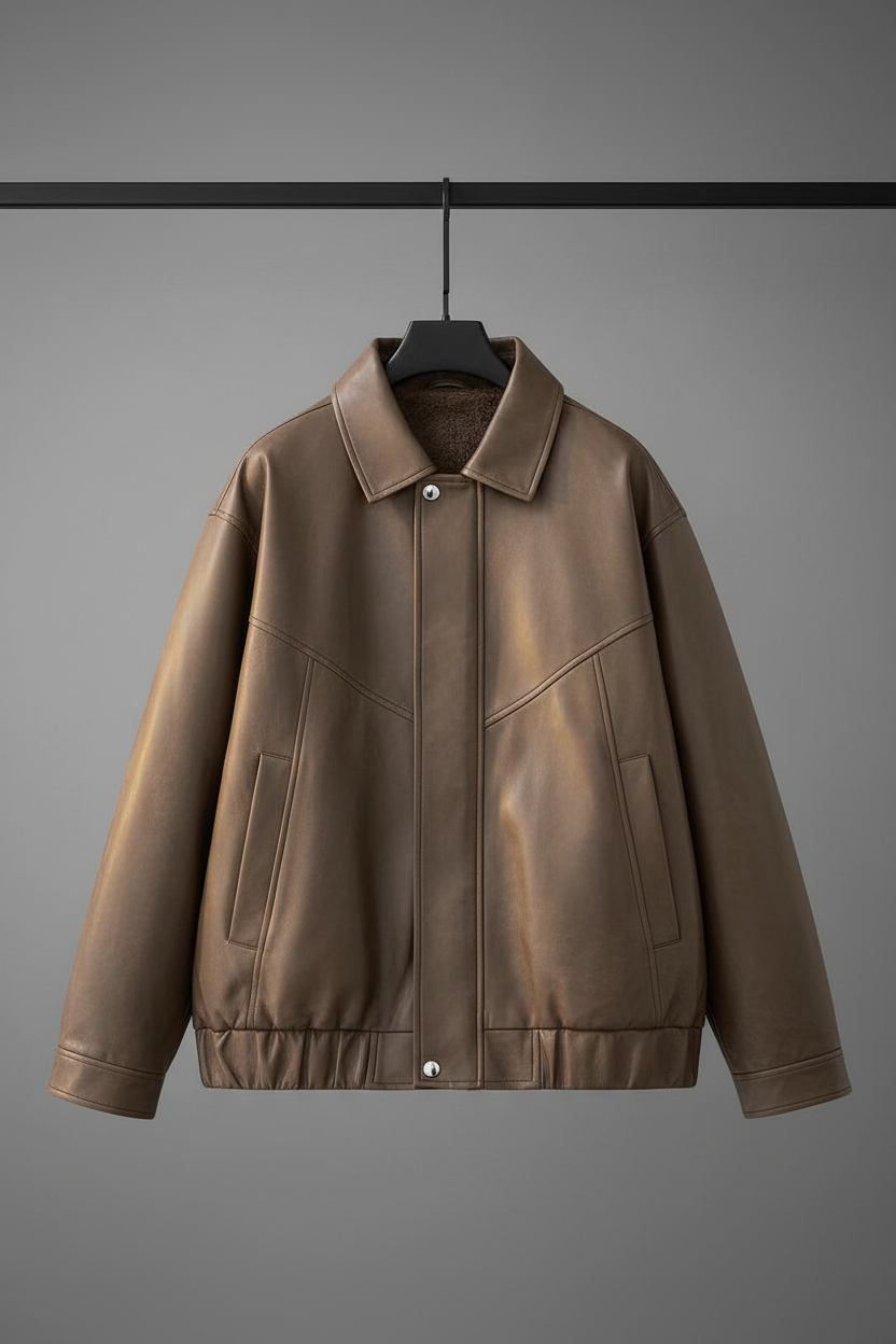 Taupe leather bomber jacket on hanger - front view