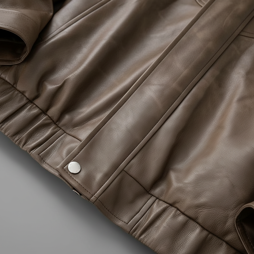 Close-up of leather bomber jacket hardware details