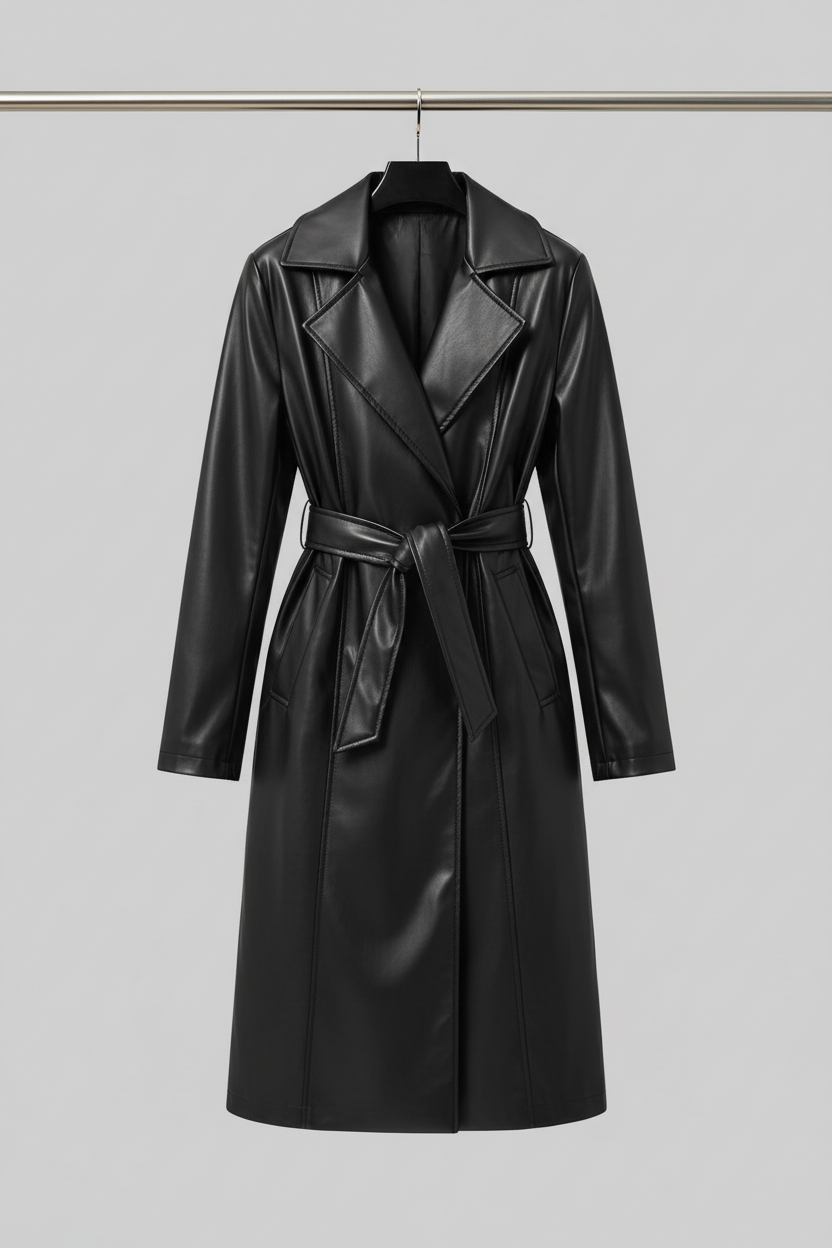 Black faux leather trench coat on hanger