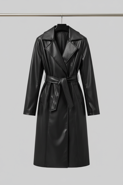 Black faux leather trench coat on hanger