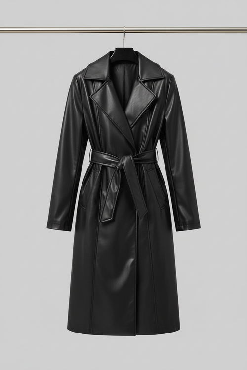 Black faux leather trench coat on hanger