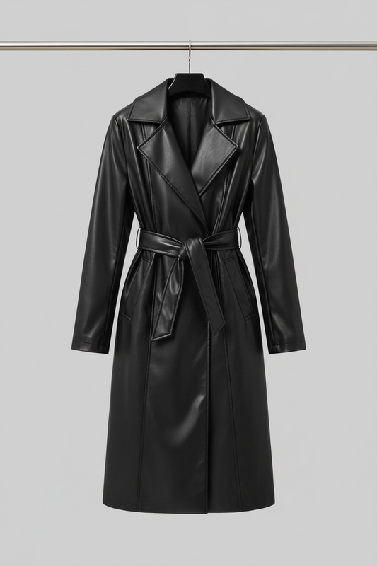 Black faux leather trench coat on hanger