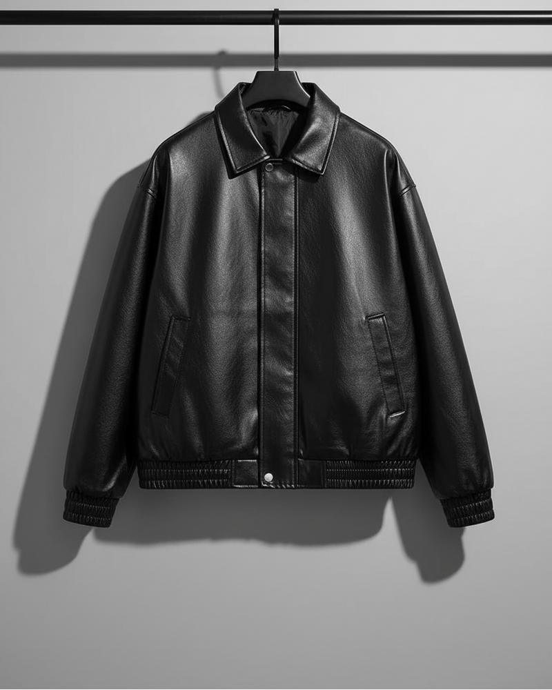 Black leather bomber jacket on hanger - front view