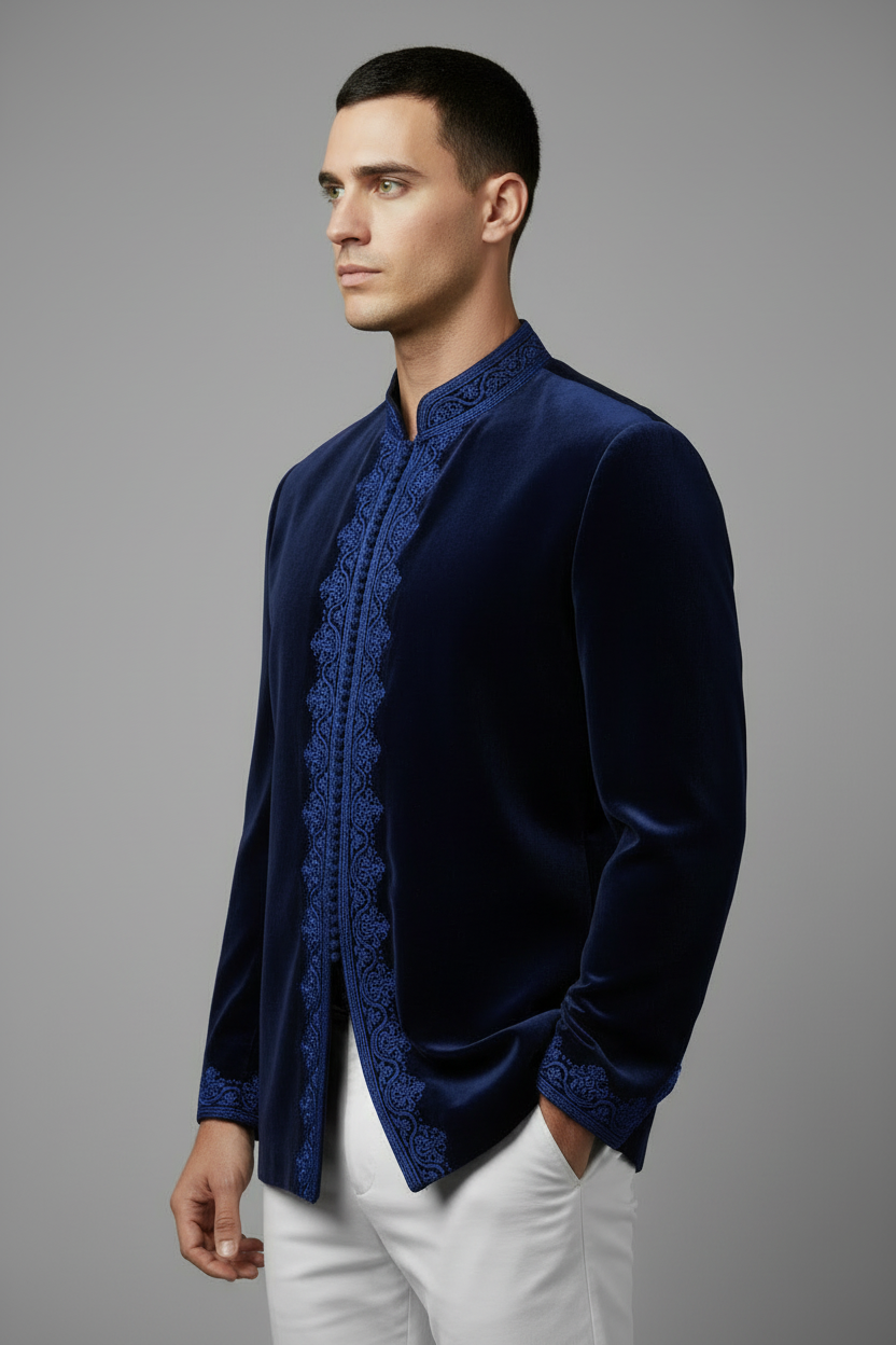 Velvet Navy Ceremonial Suit - Side Profile Drape