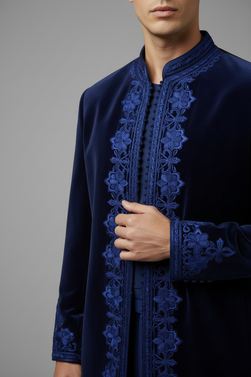 Velvet Navy Ceremonial Suit - Detail Shot with Drape