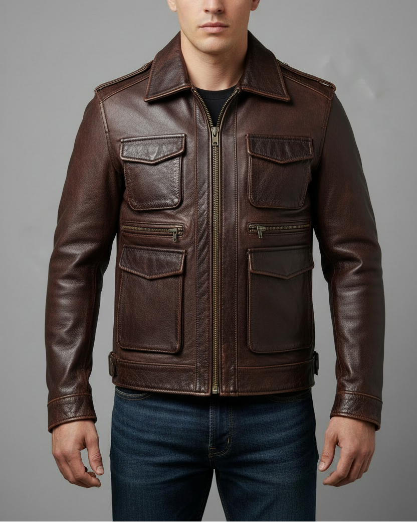 Dark brown leather cargo jacket front view