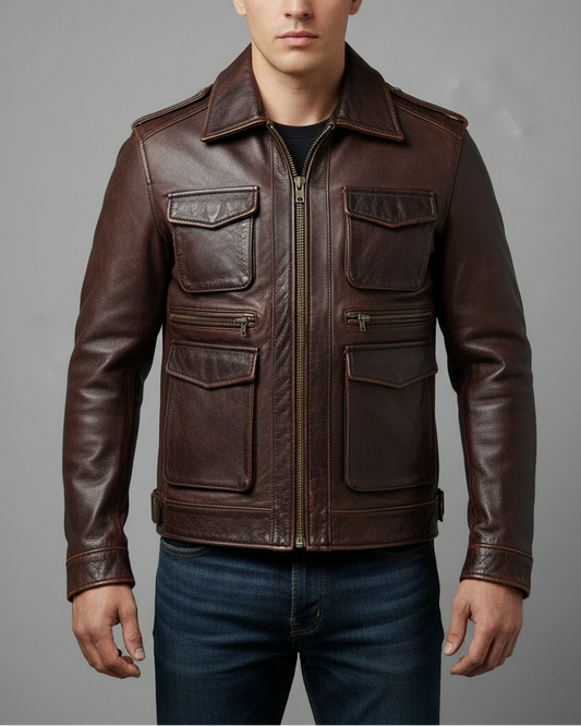 Dark brown leather cargo jacket front view