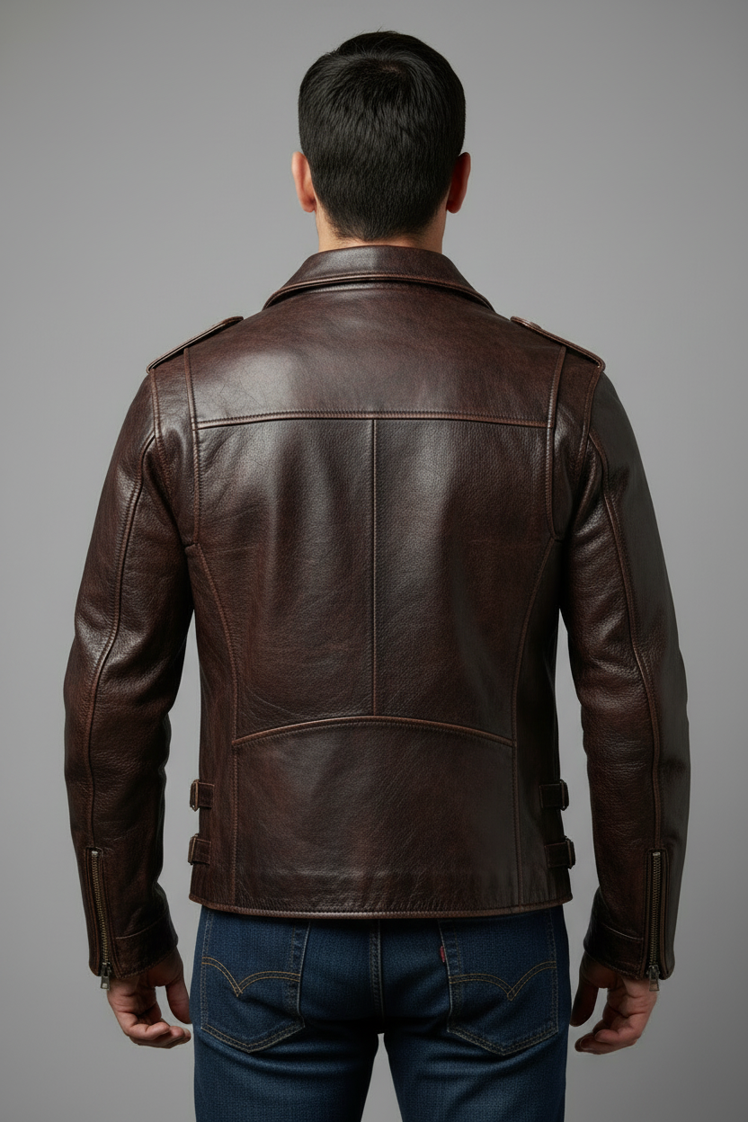 Dark brown leather cargo jacket back view