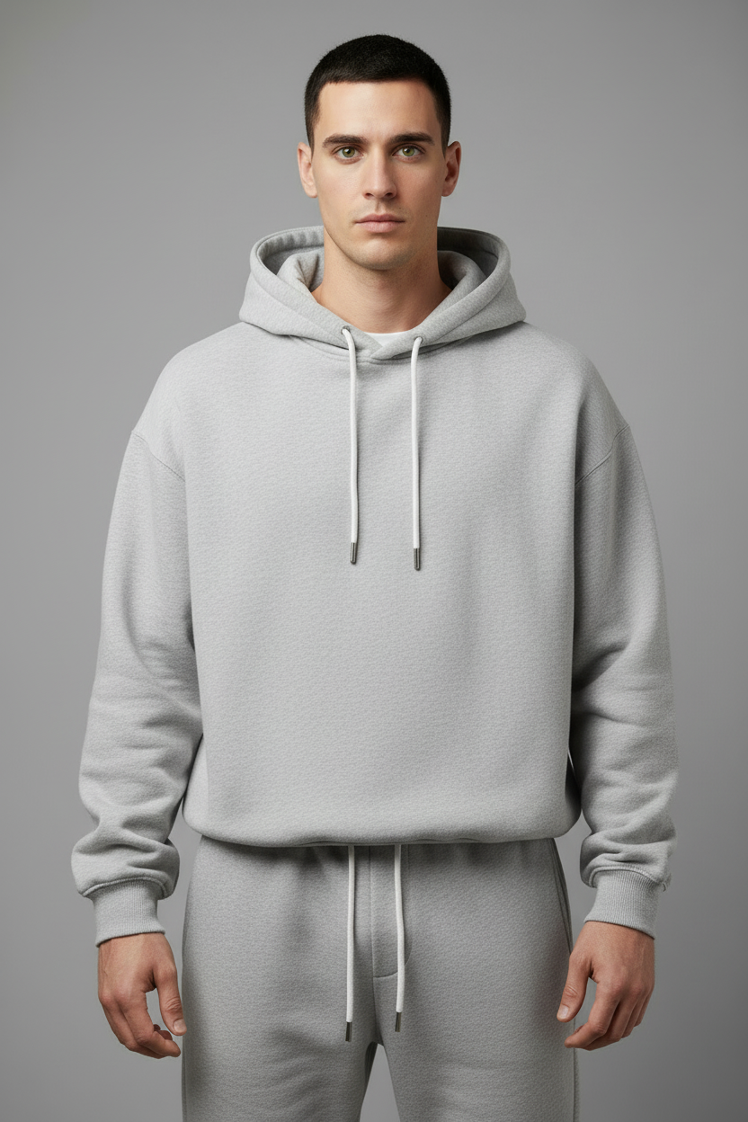 Light grey completely pocketless hoodie and joggers set