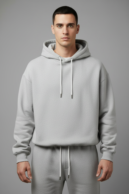Light grey completely pocketless hoodie and joggers set