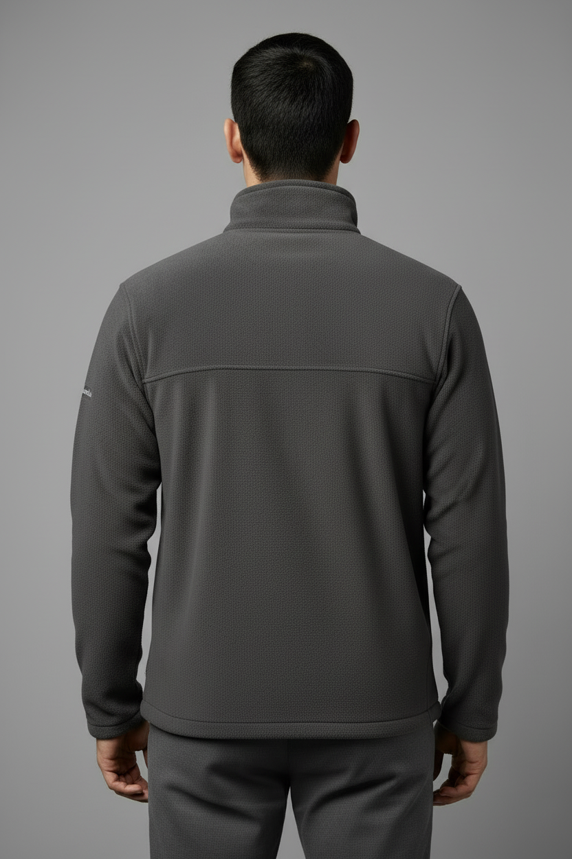 Model back view in Columbia jacket