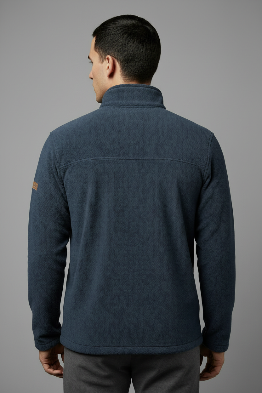 Model back view - Navy Columbia jacket