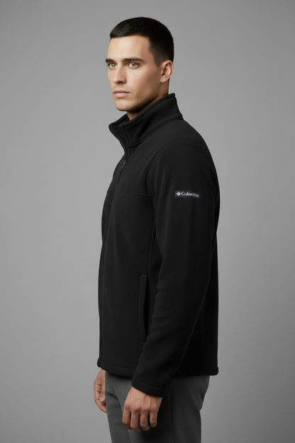 Model left side view - Black Columbia jacket