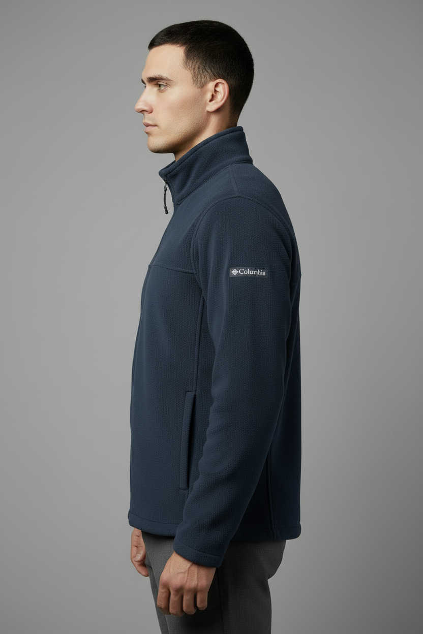 Model left side view - Navy Columbia jacket